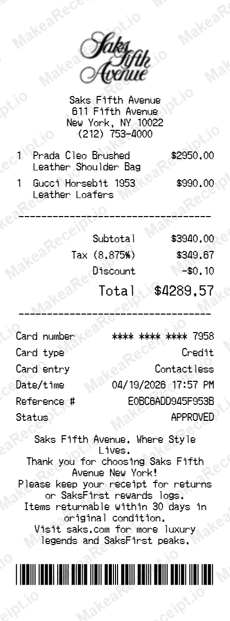 Saks Fifth Avenue Receipt
