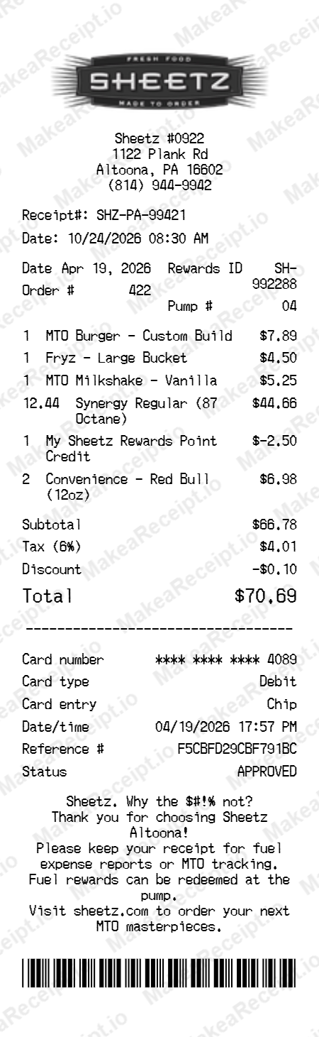 Sheetz Receipt