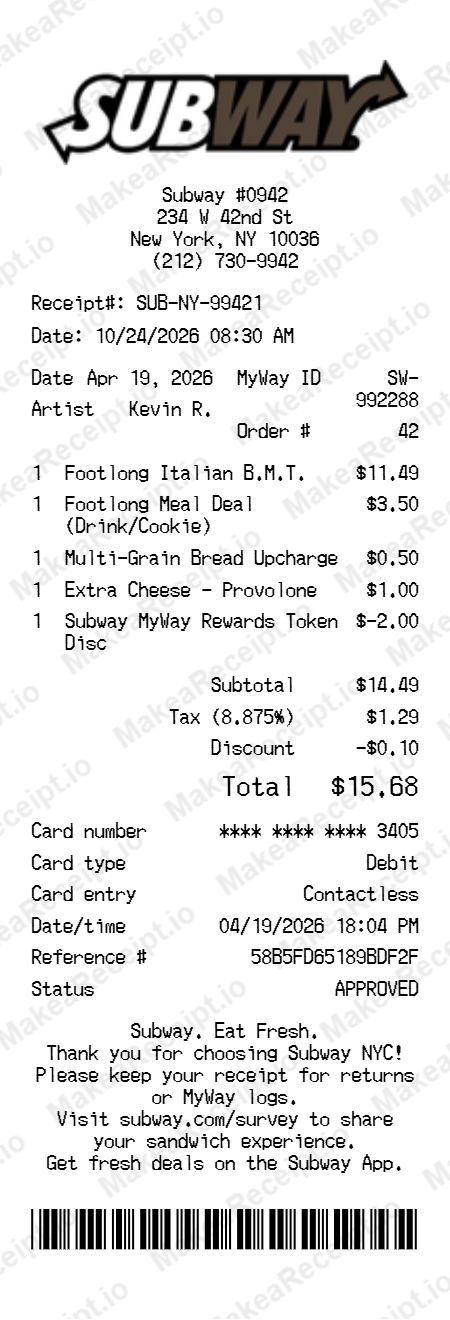 Subway Receipt