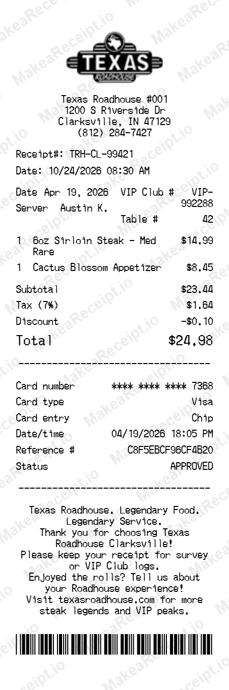 Texas Roadhouse Receipt