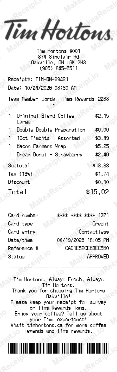 Tim Hortons Receipt
