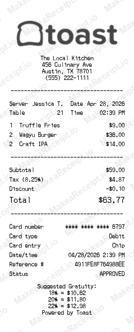 Toast POS Receipt