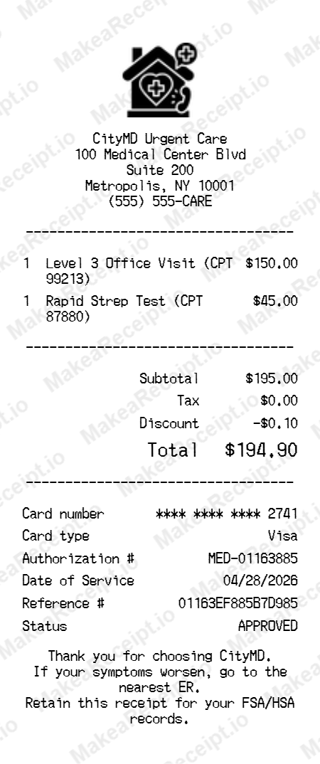 Urgent Care Receipt