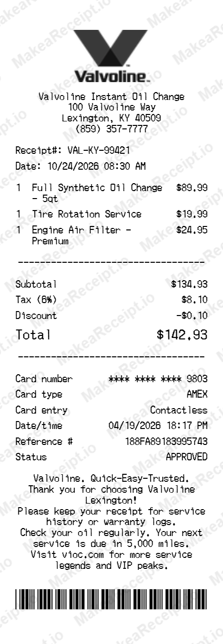 Valvoline Receipt