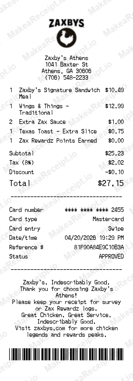 Zaxbys Receipt